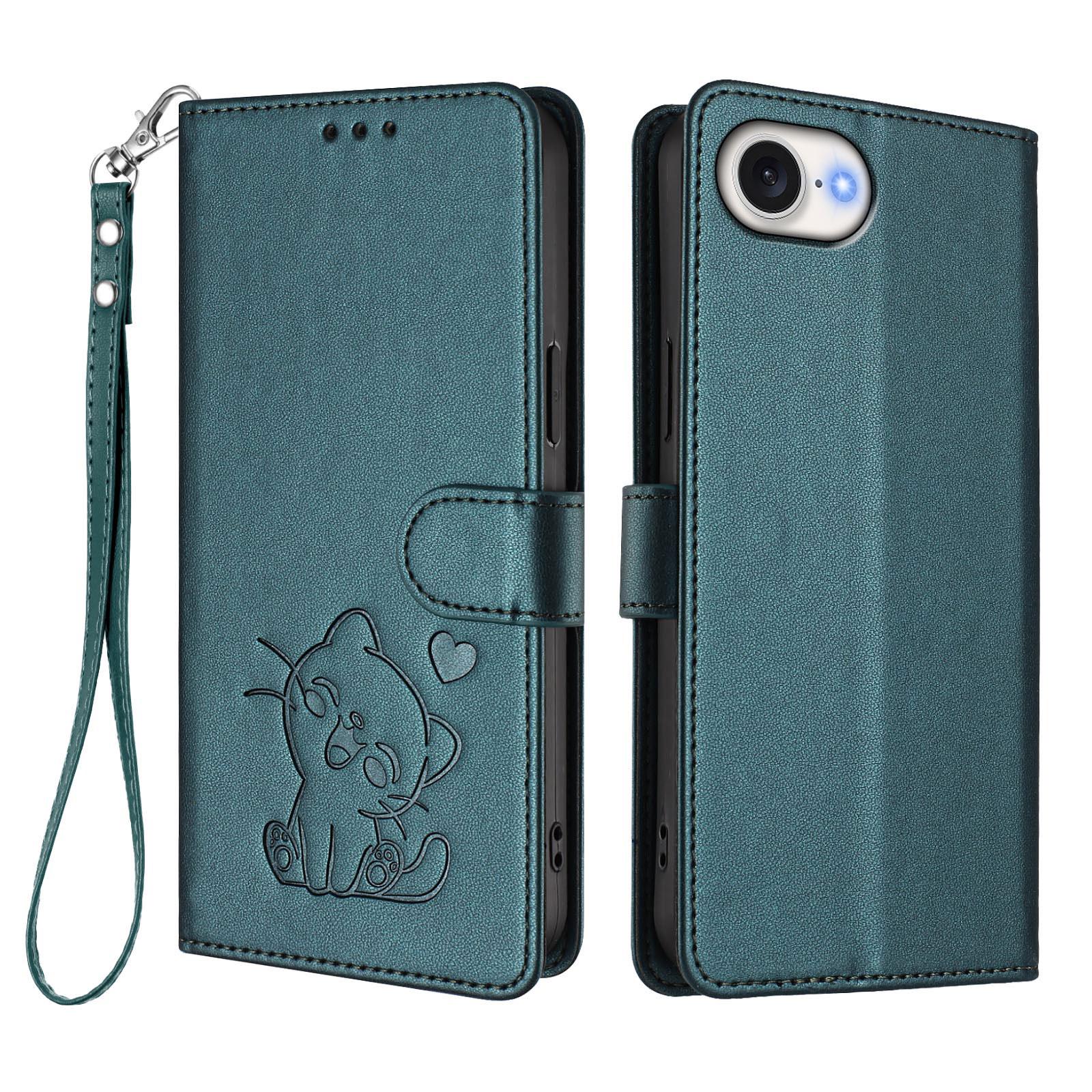 

For iPhone 16e Wallet Case with Wrist Strap Love Cat Pattern Imprint Leather Phone Cover D