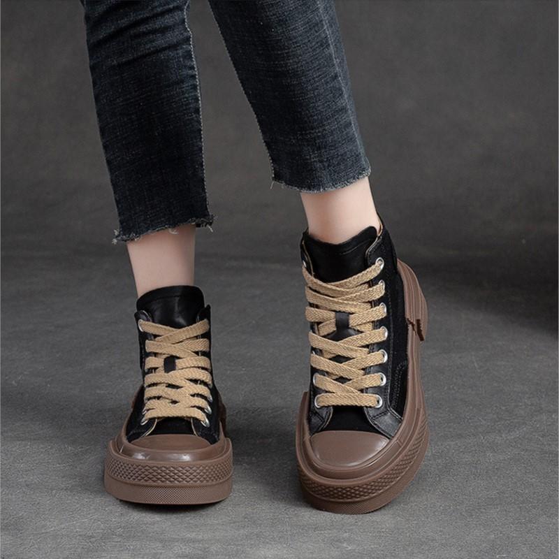 Johnature Pravá kůže Ženy Ležérní Ploché Šněrování s kulatou špičkou Silná podrážka Pohodlné boty na platformě