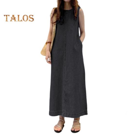 

Женское платье-жилет без рукавов с круглым вырезом, сплошной цвет, боковые карманы, свободный халат до щиколотки, повседневное платье макси для свиданий на каждый день M чёрный