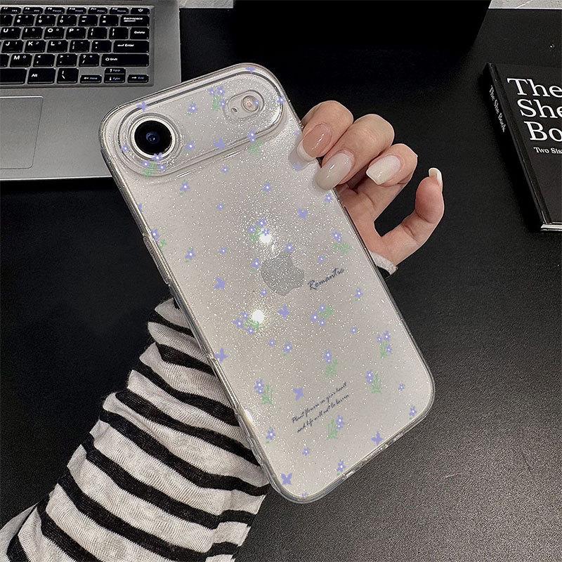 Purple Floral Glitter Soft Shell Phone Case for iPhone 17 Pro Max/17 Air/15/16/Cute 11/7/8 Plus