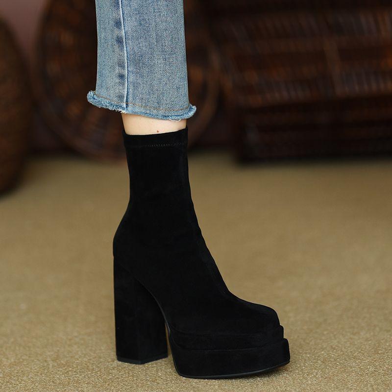 Fashion Footwear Chunky Women's Ankle Boots Very High Heels Booties Heeled Short Shoes For Woman Suede Platform Sock With Young On Sale