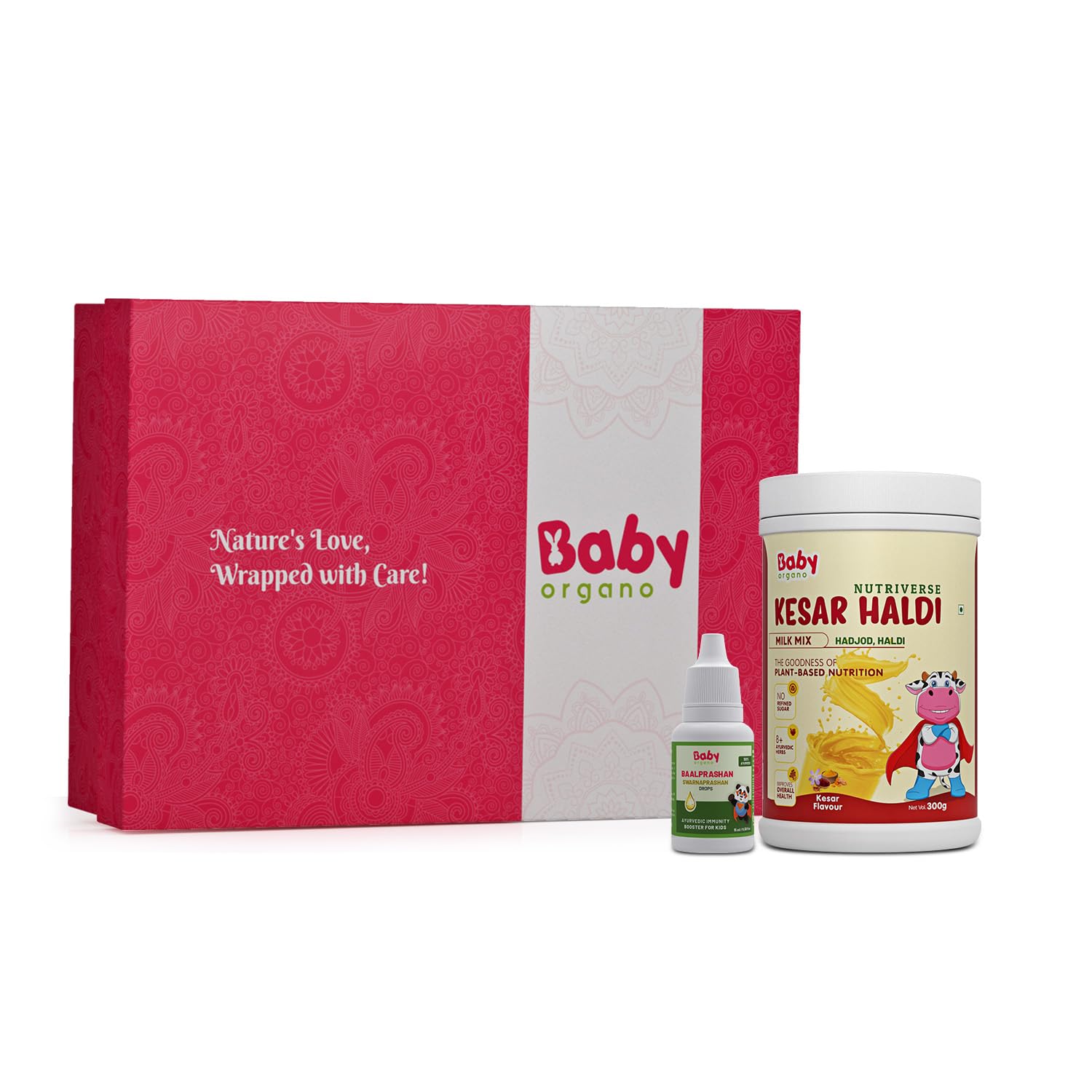 

BabyOrgano Gift Set - Golden Wellness Duo | BallPrashan Swarnaprashan Drops - 15ml | Kesar Haldi Milk Mix - 300gm