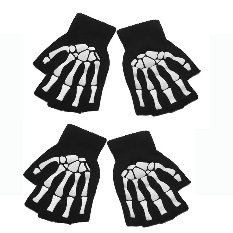 Luminous Halloween Skeleton Skull Gloves Punk Half Finger Gloves Winter Unisex Skull Fingerless Knitted Mitten Glow in The Dark