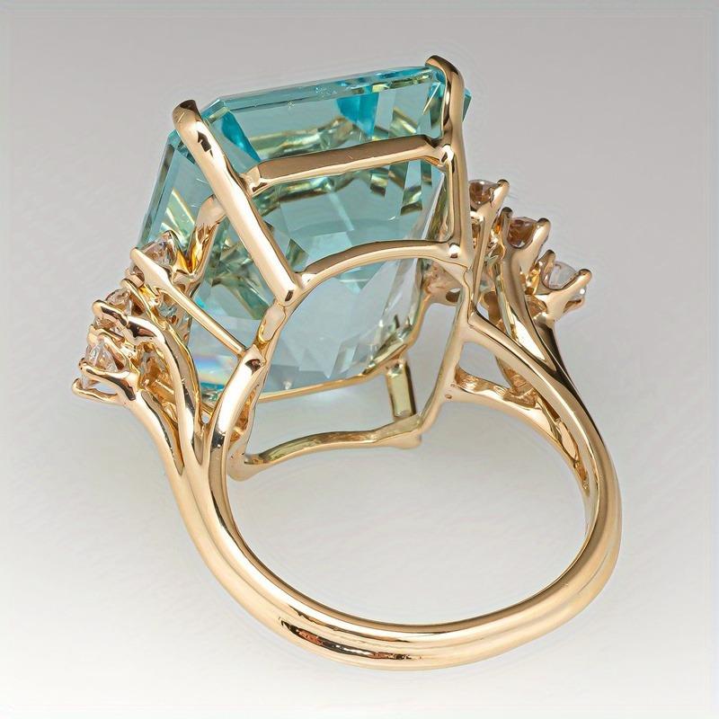 1Pc Luxurious Hyperbole Women Ring Cocktail Party Ring With Huge Sky Blue Cubic Zircon Prong Setting Valentine'S Gift For Wife