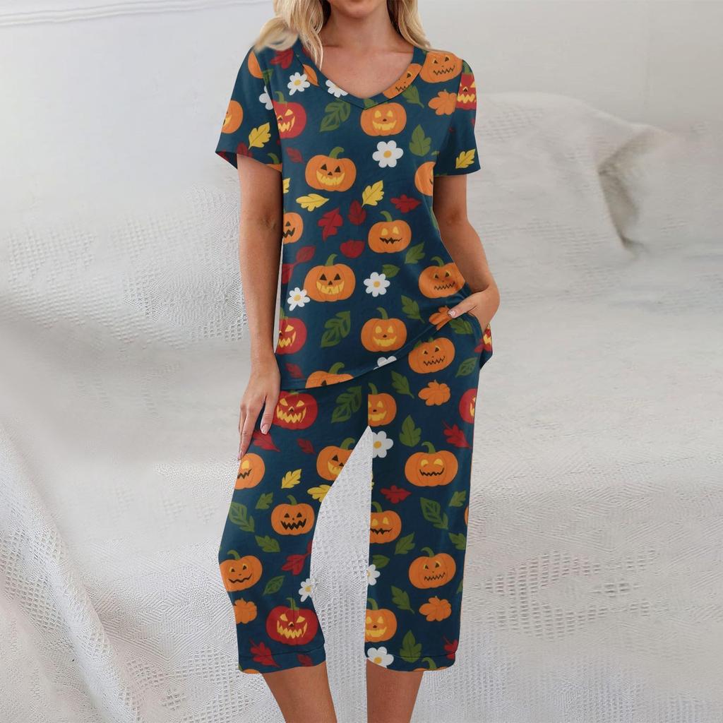 Conjuntos de 2 piezas para mujer Top de manga corta y pantalones con bolsillos Conjuntos suaves de entrenamiento con estampado de Halloween