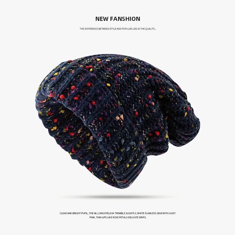 Versatile Wool Hat Women's Big Head Circumference Showing Face Small Pile Hat Autumn and Winter Mixed Color Warm Knitted Pullover Hat