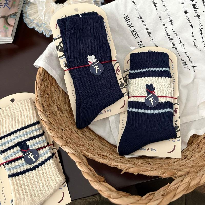 Backpack Bear Cub, Navy Blue Mid-calf Socks, Little Bear Cartoon School Style, Striped Embroidery, Pile Socks, Girl