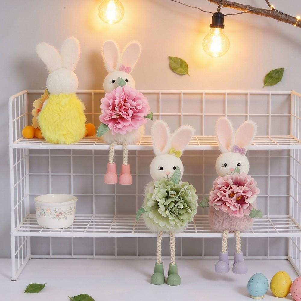 Cartoon Flower Rabbit Figurine Long Legs Easter Bunny Doll Easter Bunny Ornament Holiday Decor