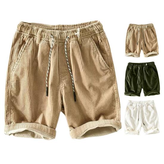 Men Shorts Elastic Waist Adjustable Casual Shorts Solid with Pockets Drawstring Color Wide Leg Corduroy Beach Shorts