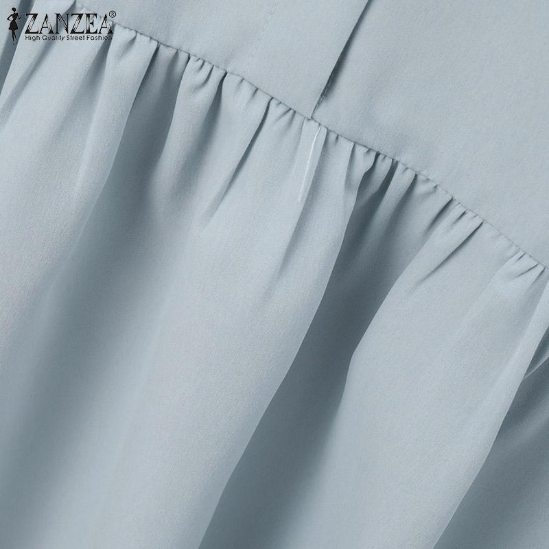 ZANZEA Women's V-neck 3/4 Sleeves Buttoned Pleated Solid Color Loose Dress