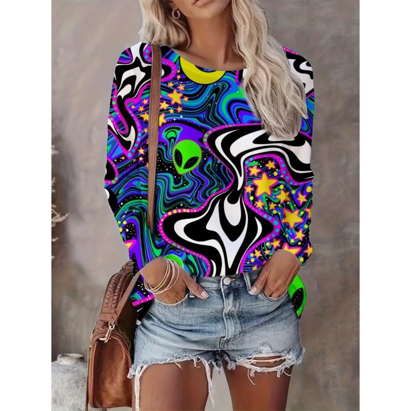 Womens Casual Abstract Print Long Sleeve Crew Neck T-Shirt 3D Effect 2025 Comfort Fit