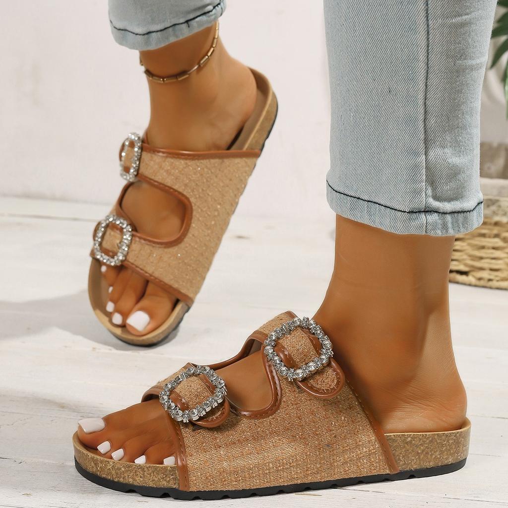 Fashion Women Slippers 2025 Summer Beach Cork Slippers Casual Non-slip Sandals Clogs Slides Women Slip on Double Buckle Shoes Women