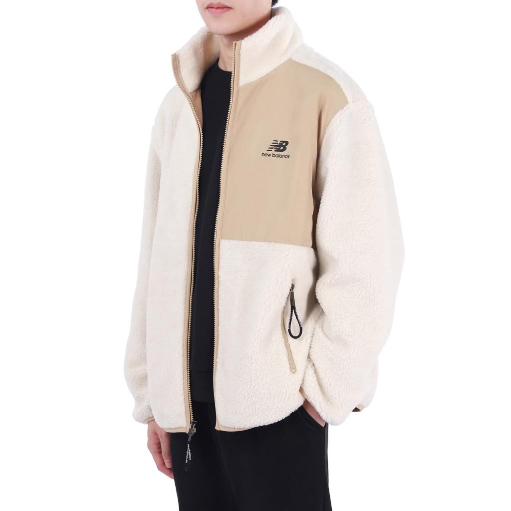 New Balance Contrasting Colors Knit Suede Sports Stand Collar Logo Lamb's Wool Jacket Autumn Creamy White Men's AMJ13346-MSU
