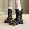 Yueyu Versatile Knight Martin Boots Women's Pleated Pile Boots European and American style thick heel round head double belt buckle locomotive boots