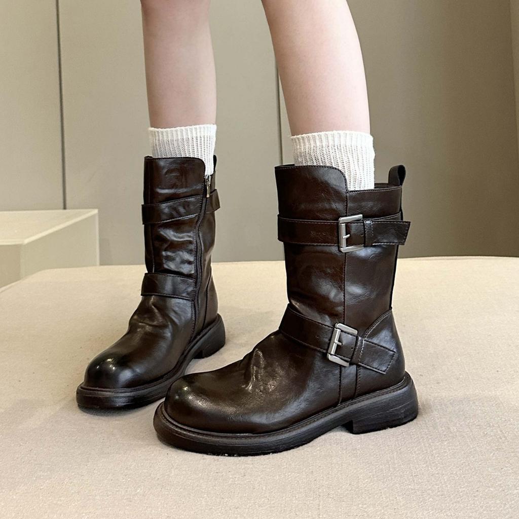 Yueyu Versatile Knight Martin Boots Women's Pleated Pile Boots European and American style thick heel round head double belt buckle locomotive boots