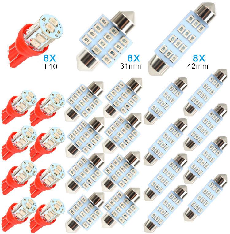 LED Car Light Set: 24PCS T10 Parking, Double-Ended Reading, License Plate, Interior Door Lights.