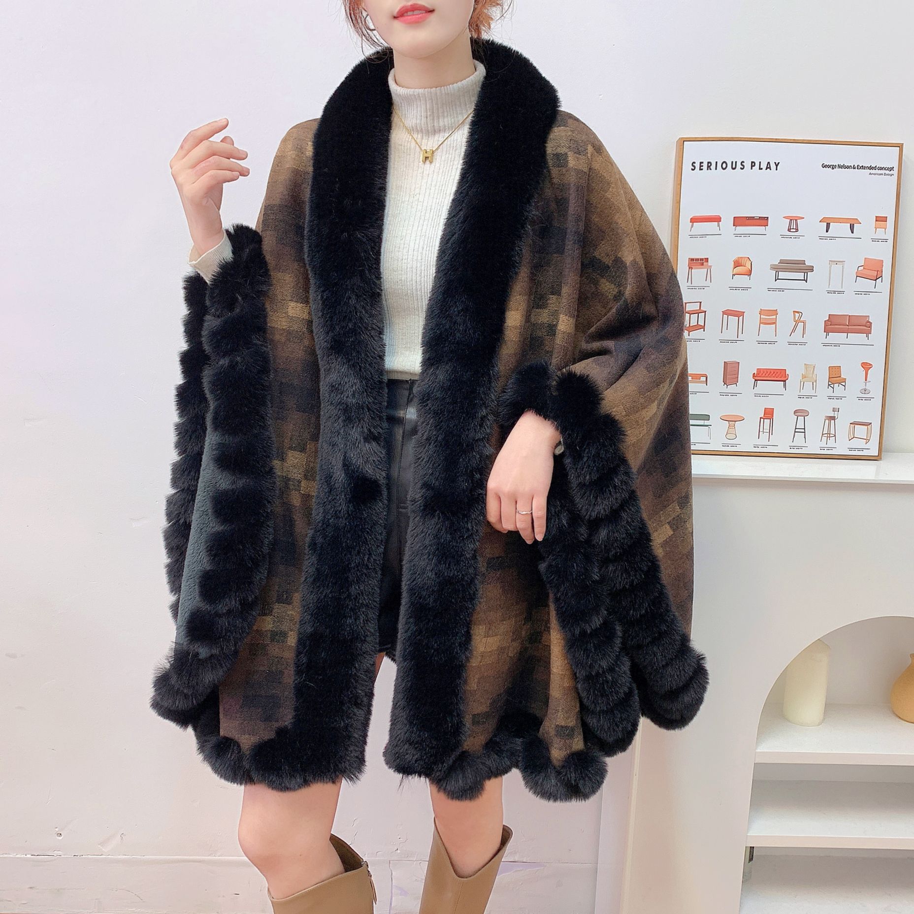 

2023 утолщенный бархатный теплый кардиган, свободное пончо, женский плащ большого размера с принтом, длинный плащ из искусственного кроличьего меха, уличная одежда, пальто с шалью One Size