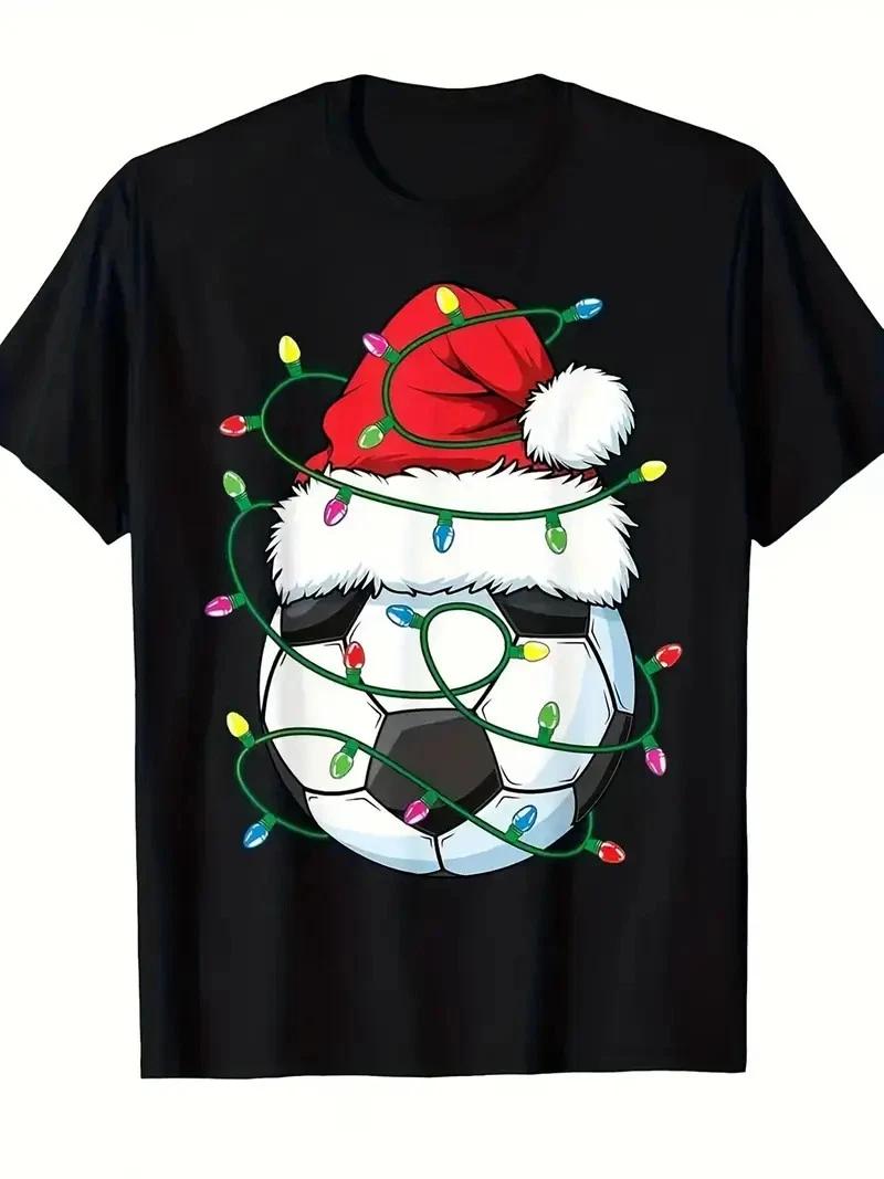 Boys  Black Soccer Football Christmas Lights T-Shirt with Santa & Goalpost Print XL