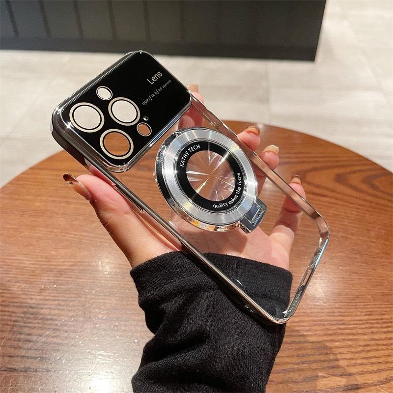 Applicable To Apple 14 Electroplated Large Window Magnetic Suction Bracket Mobile Phone Case IPhone 15 Pro Leak-proof Cover