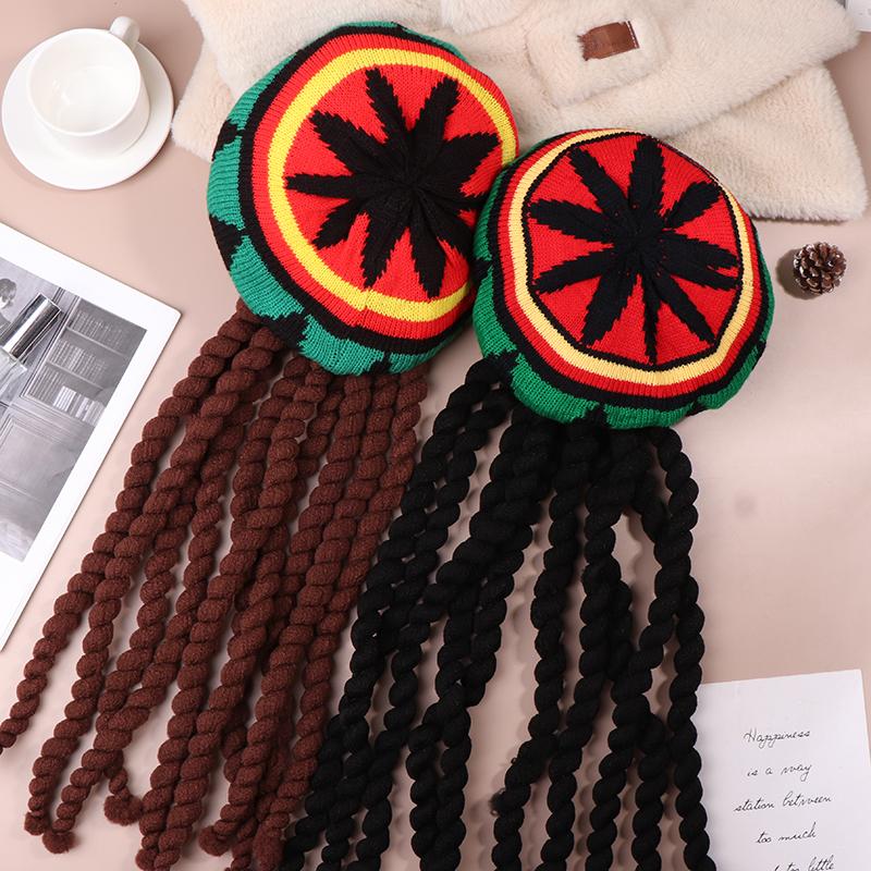 Reggae klobouk s dredy Pohodlný pletený klobouk Paruka Etnický styl Reggae baret Vlněný pletený klobouk ke kostýmu