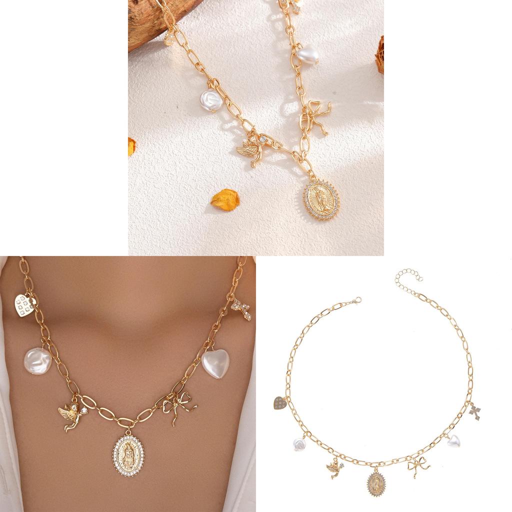 Pearl Butterfly Bow Necklace With Geometric Cross Pendant For Women Summer 2025