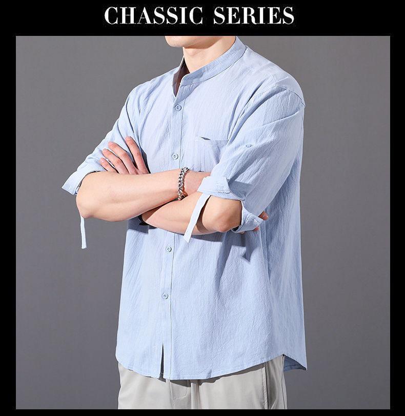 Men's Trendy Summer Cotton-Linen Stand Collar Shirt, Short-Sleeved, Loose Fit