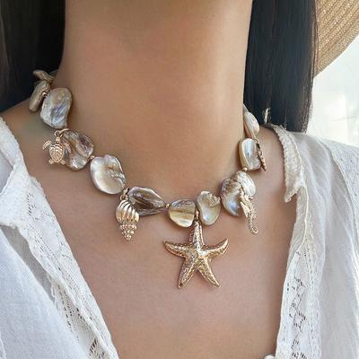 Boho Summer Seashell Chain Necklace Skin Friendly Comfort Wear Gold Starfish Pearl Charm for Female Holiday Travel Beach Party