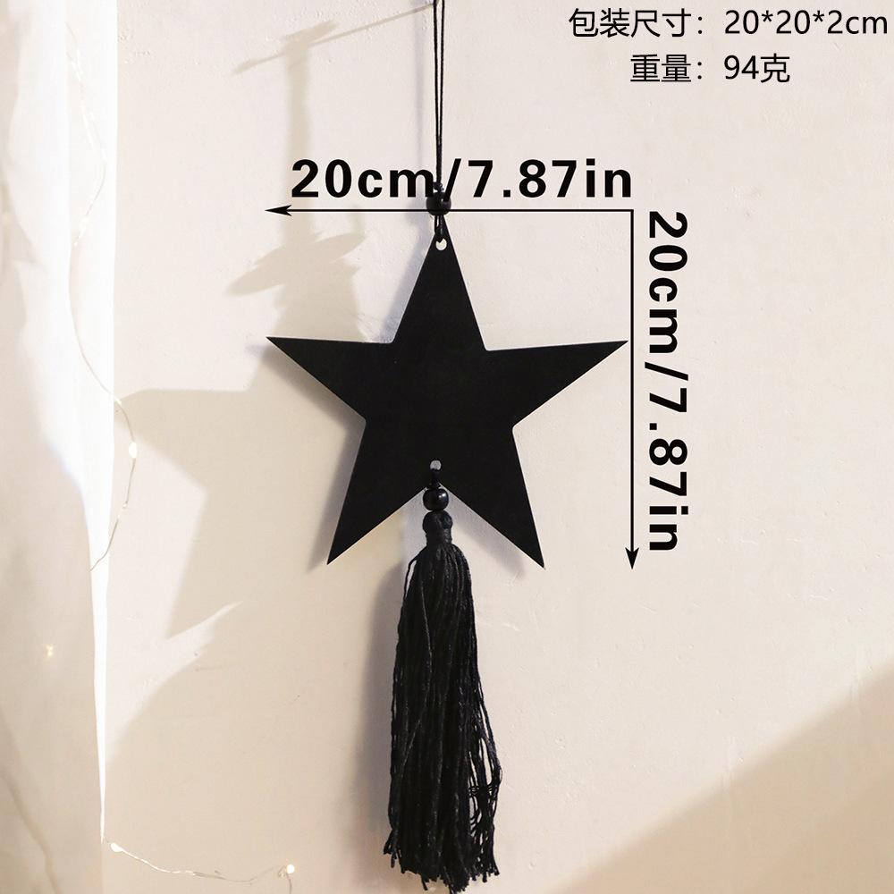 Black Star and Moon Tassel Wooden Handicraft Pendant for Home Bedroom Wall Decoration Holiday Arrangement