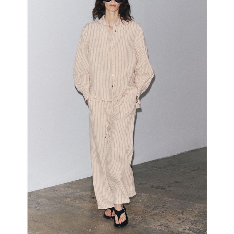 Summer New Linen Long sleeve Lapel Shirts 3480176 Straight Pants Comfortable Casual Trousers 3481176