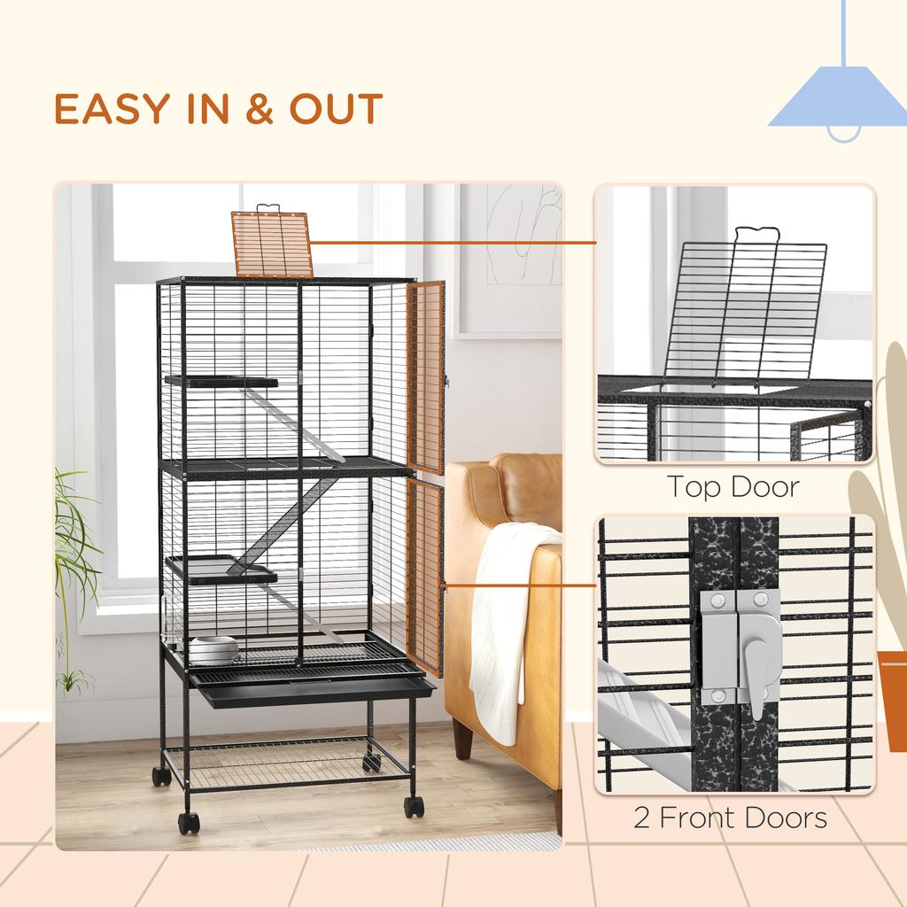 Rolling Chinchilla Cage, Small Animal Cage for Ferrets W/ Three Doors, Storage, Shelf, Tray Tray, Bowl, Water Bottle