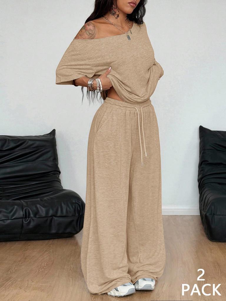 Brown Off Shoulder Short Sleeve Top and Wide Leg Pants Casual Sport Two Piece Set