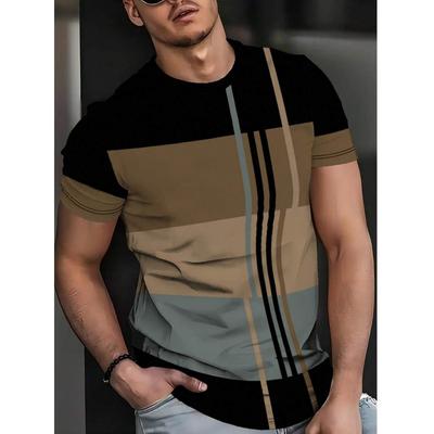 Men's Geometric Stripe Print Crew Neck T-Shirt - Casual Short Sleeve Poly Blend