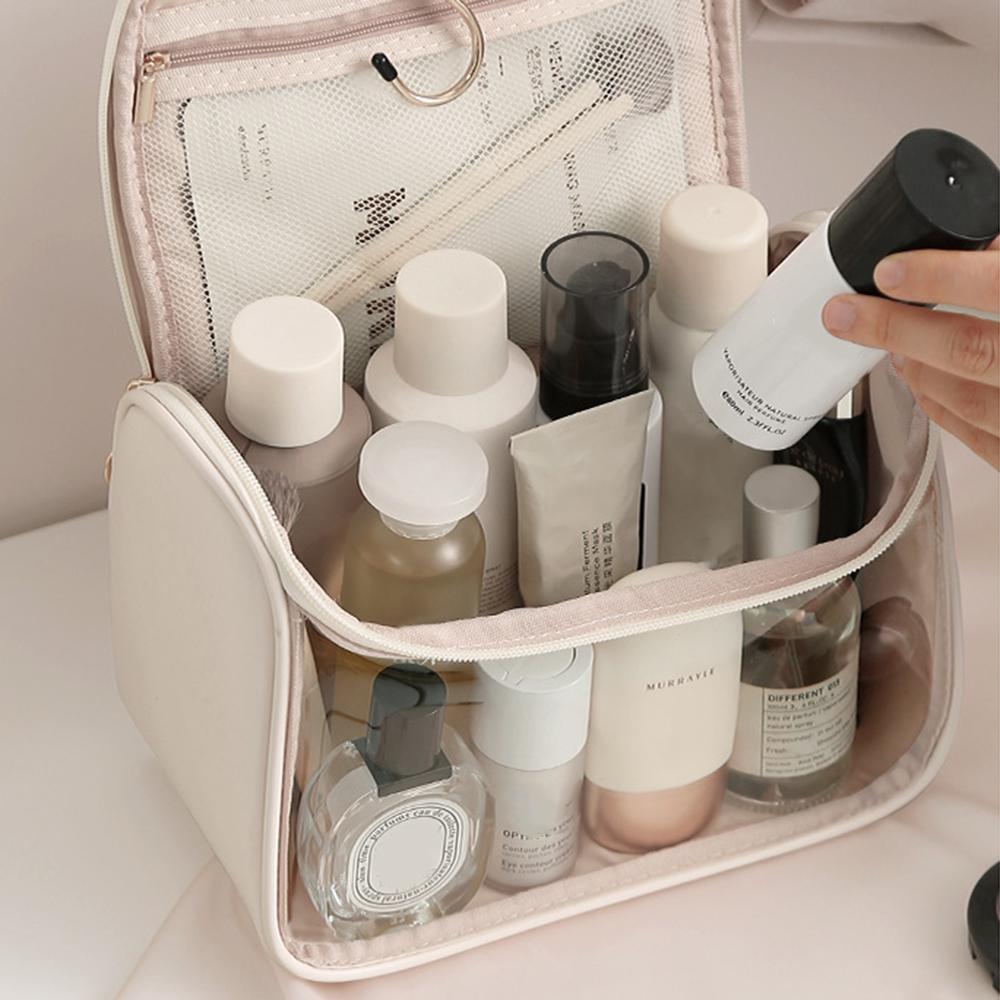 HK8297 Waterproof Clear Design Makeup Bag Large Capacity Cosmetic Bag PU Leather+PVC Travel Toiletry Organizer with Portable Handle Strap