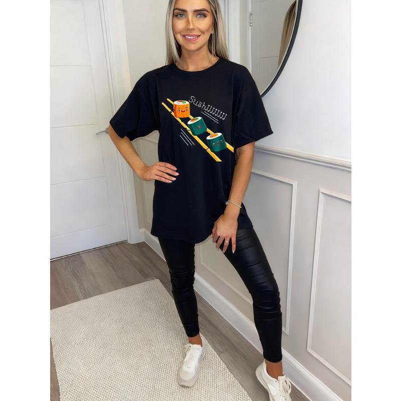 Cute Oversized T Shirt Black Sushi Roll Cartoon Print With Music Notes And Text For Casual Wear Summer Outfits Streetwear Fashion
