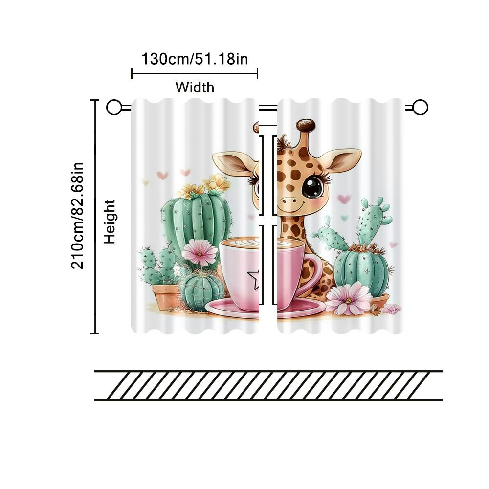 Filtering Curtains Excluding Rods Non Movable Without Batteries Cute Cartoon Giraffe Coffee Design Use Curtain Set Of 2 Made Polyester Washable