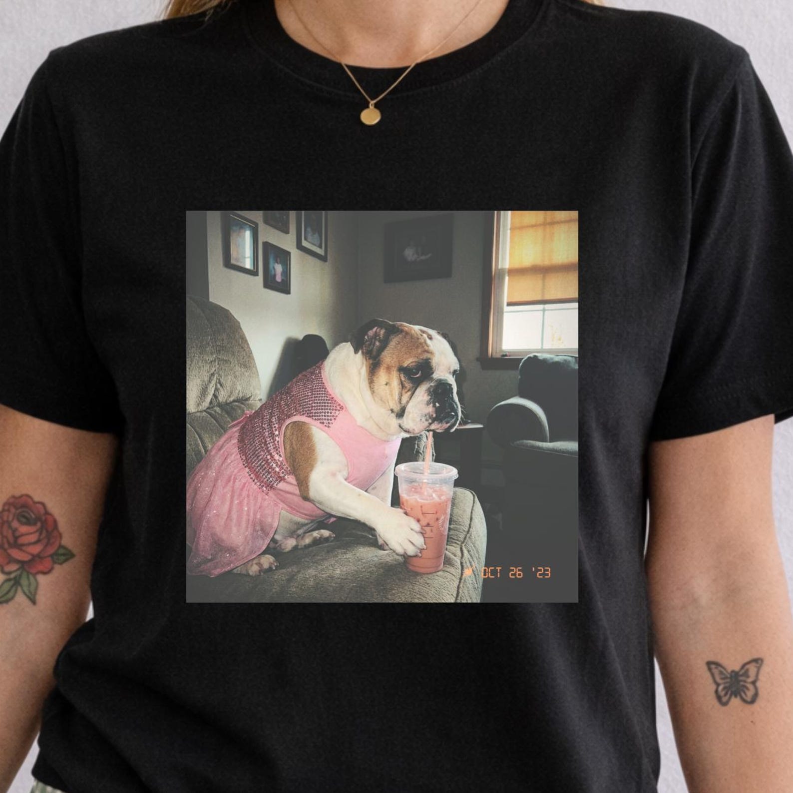 Sassy English Bulldog Iced Coffee Shirt, Pink Bulldog Graphic Tee, Dog Lover Apparel XL