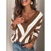 Autumn Winter Striped Patchwork Loose Casual Sweater Women V-neck Vintage All-match Pullover Knitting Top