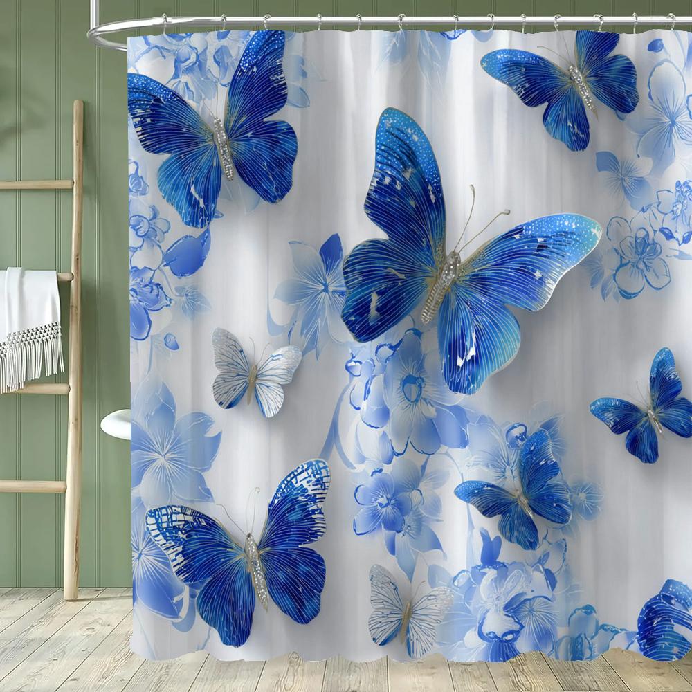 1pc Beautiful Blue Butterfly Shower Curtain Floral Bathroom Contain Decoration Printed Polyester Fabric Contains 12 Hooks