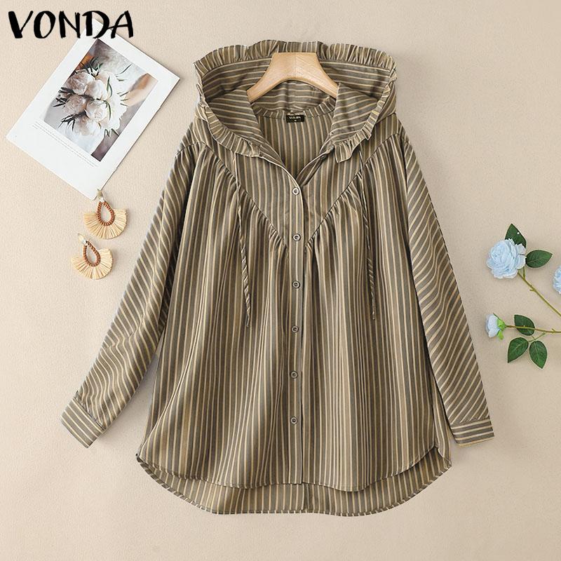 VONDA Oversized Women Casual Long Sleeve Striped Loose Hooded Shirts Blouse