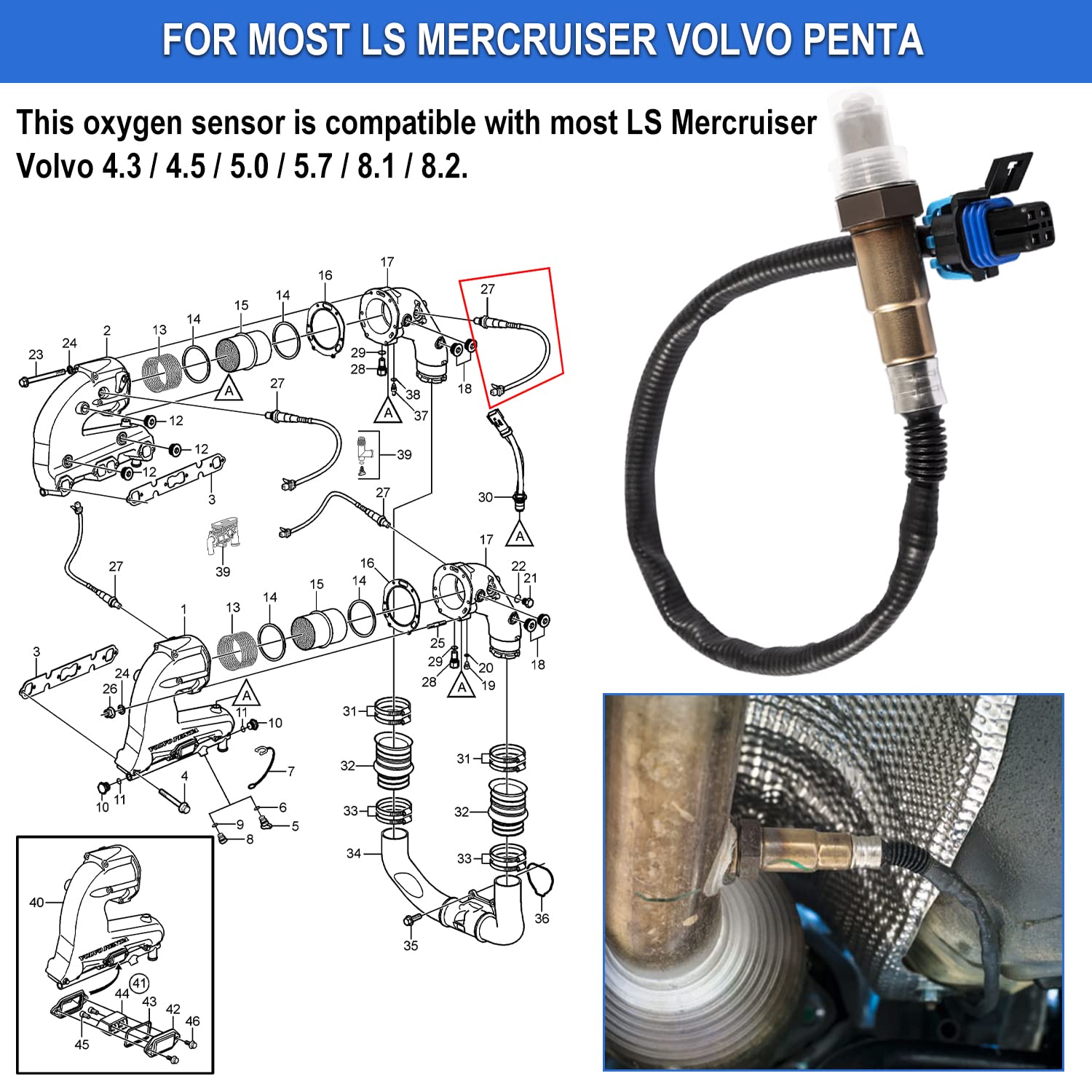 3883724 Oxygen Sensor Fit for Mercruiser, Volvo Penta 4.3 4.5 5.0 5.7 8.1 8.2, Replace for Volvo Penta 3883724, MERCRUISER 710-8M2003959, 8M2003959