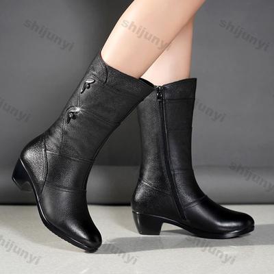 Damenmode Keil Absatz Mid-Calf Stiefeletten Damen Schwarz Weiches Leder Einzelstiefel Frau Herbst Winter Flach Plus Fleece Botas Mujer