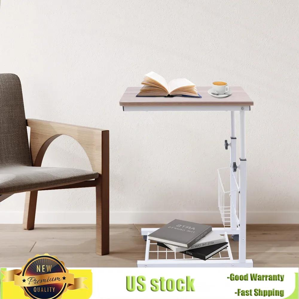 Bymaocar Oak Colored Moving Edge White Table Rack Adjustable Side Table W/ Removable&Lockable Universal Wheels Home/dormitories