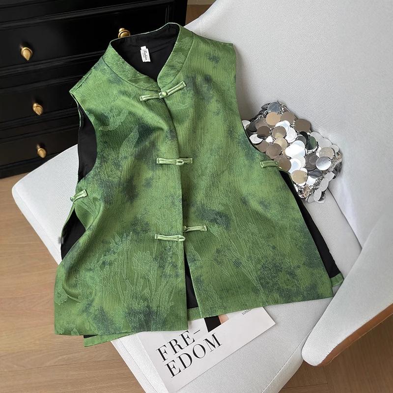 Improved Buckle Jadeite Green Vest Vest Women's Spring High-end Jacquard Vest Vest Top