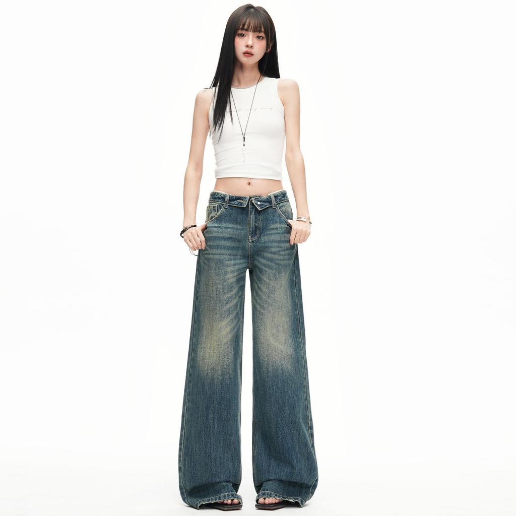 Trendy Vintage Cuffed Waist Relaxed Straight Wide Leg Comfy Denim Pants For Ladies Spring Summer Casual Pants Oversize Denim Trousers