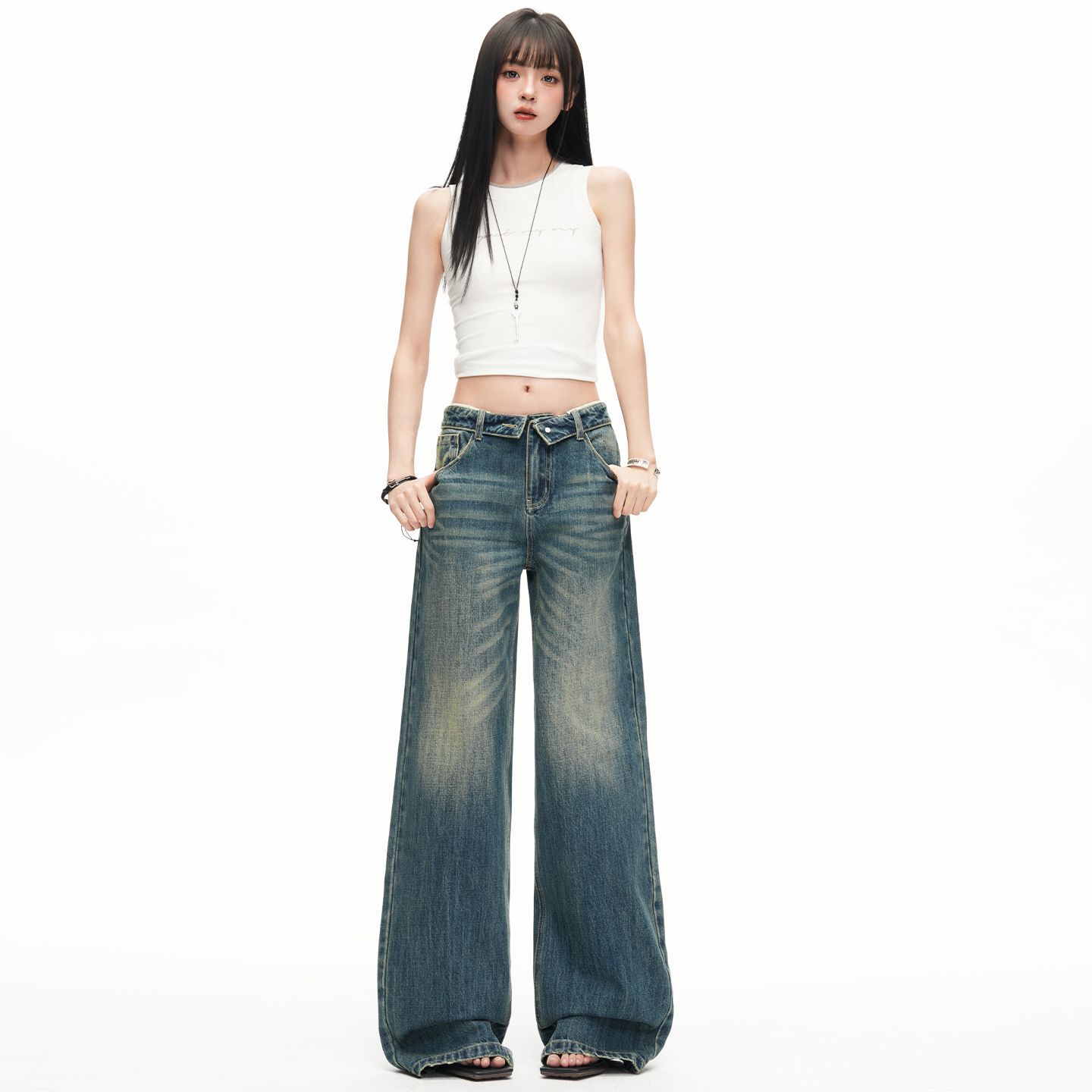 Trendy Vintage Cuffed Waist Relaxed Straight Wide Leg Comfy Denim Pants For Ladies Spring Summer Casual Pants Oversize Denim Trousers XS