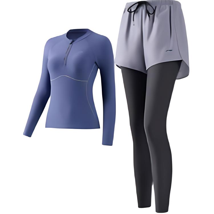 Li Ning Competitive Series Solid Color Round Neck Pullover Long Sleeve Sports Casual Simple Splicing Swimsuit Set Women swimsuit Blue Gray LNYW052-2
