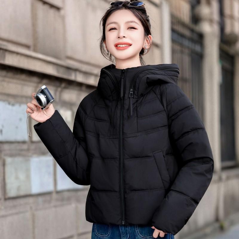 Womens Short Winter Hooded Cotton Jacket Loose Warm Thick Fashion Coat Solid Color Casual Outerwear