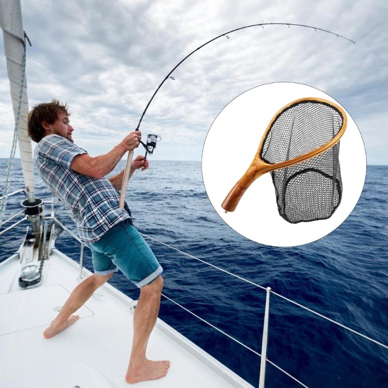 Curved Wood Handle Fishing Landing Net Mesh Design Protects Fishes Compacts Fishing Net For Anglers Stream Fishing