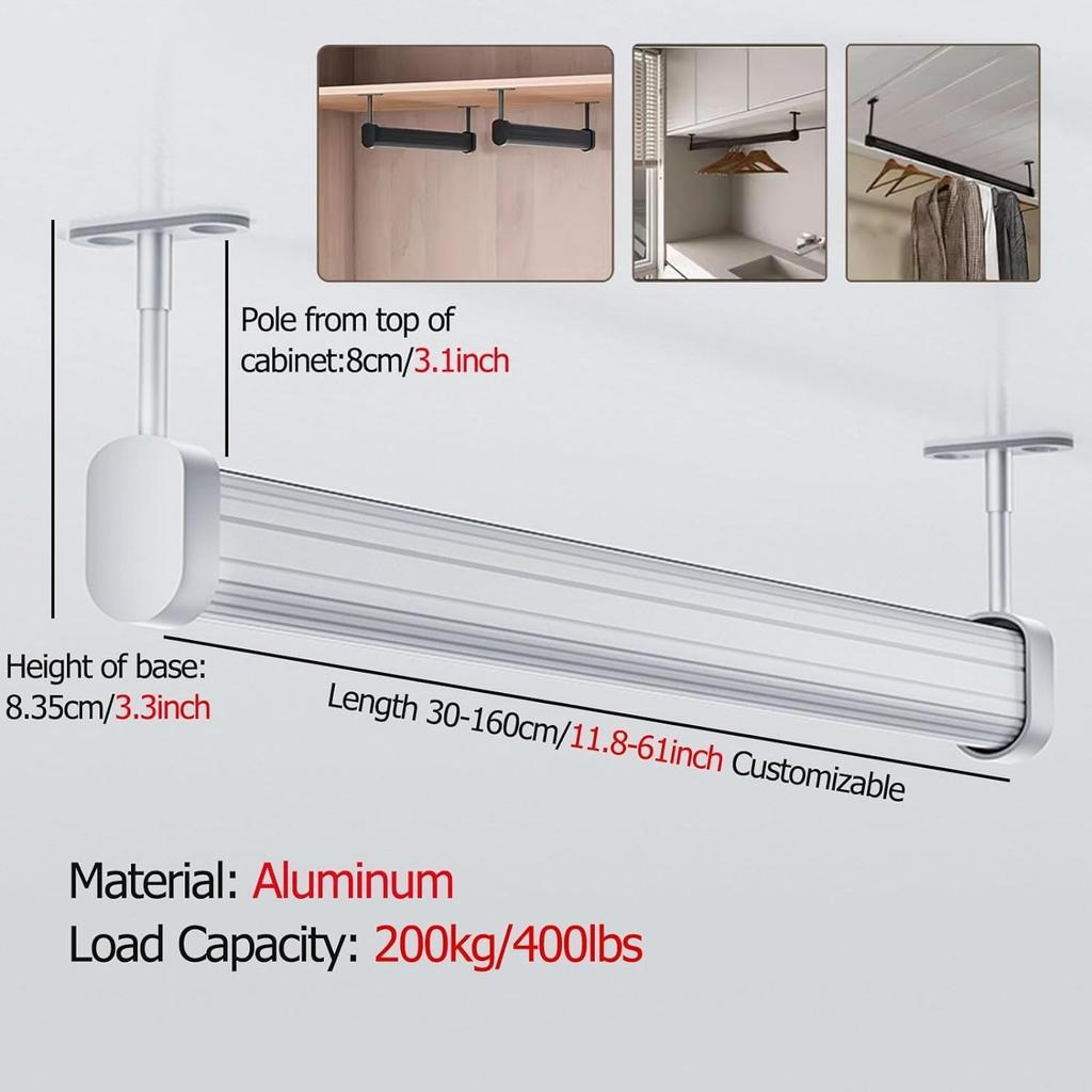 Kleiderstange, Robuste Kleiderstange, Oben montierte Kleiderstange, Robuste Kleiderstange Deckenmontage, 35 55 75 95 125 145 155 cm Lang für Garderobe Dusche