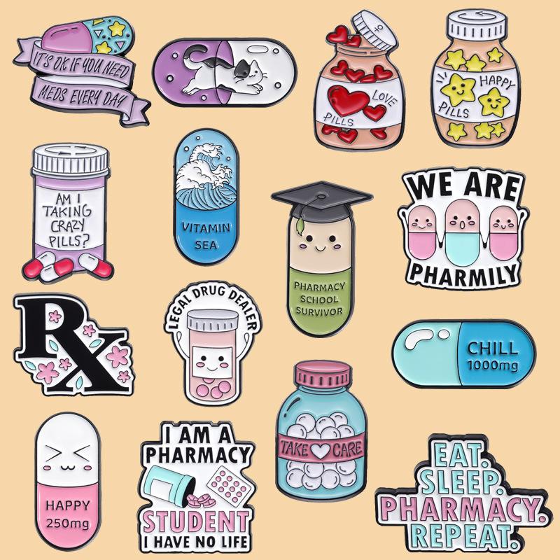 Creative Cartoon Pill Series Metal Brooch Set Whimsical Alphabet Pin Collection For Fashionable Accessory Lovers